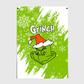 Постер с принтом Grinch Green. в Кировске, 100% бумага
 | бумага, плотность 150 мг. Матовая, но за счет высокого коэффициента гладкости имеет небольшой блеск и дает на свету блики, но в отличии от глянцевой бумаги не покрыта лаком | 2022 | grinch | happy new year | merry christmas | год тигра | гринч | зима близко | нг | новогодний | новый год | новый год 2022 | рождество | снег | снежинки