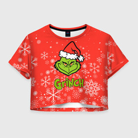 Женская футболка Crop-top 3D с принтом Grinch Red. в Кировске, 100% полиэстер | круглая горловина, длина футболки до линии талии, рукава с отворотами | 2022 | grinch | happy new year | merry christmas | год тигра | гринч | зима близко | нг | новогодний | новый год | новый год 2022 | рождество | снег | снежинки