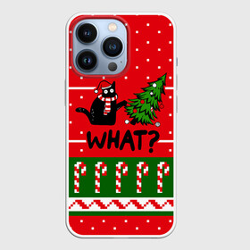 Чехол для iPhone 13 Pro с принтом WHAT | КОТИК | CAT в Кировске,  |  | Тематика изображения на принте: 2020 | 2021 | 2022 | christmas | merry | what | елка | кот | леденец | нг | новогодний | новый год | паттерн | рождество | свитер | снежинки | узор | узоры | шишки