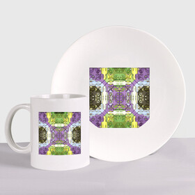 Набор: тарелка + кружка с принтом Коллекция Фрактальная мозаика. Фиолетово-зеленый. Квадрат. в Кировске, керамика | Кружка: объем — 330 мл, диаметр — 80 мм. Принт наносится на бока кружки, можно сделать два разных изображения. 
Тарелка: диаметр - 210 мм, диаметр для нанесения принта - 120 мм. | abstraction | fractal | green | mosaic | pattern | purple | yellow | абстракция | желтый | зеленый | мозайка | на витрину | узор | фиолетовый | фрактал