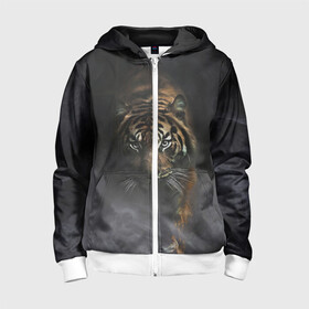 Детская толстовка 3D на молнии с принтом Тигр в тумане в Кировске, 100% полиэстер |  манжеты и пояс оформлены широкой мягкой резинкой, двухслойный капюшон со шнурком для регулировки, спереди карманы и застежка-молния
 | tiger | восточный тигр | год тигра | голова | дым | кошка | тигр | тигренок | туман | хищник