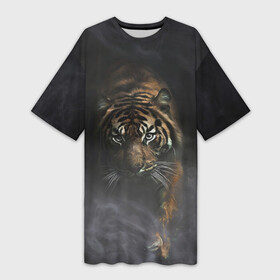 Платье-футболка 3D с принтом Тигр в тумане в Кировске,  |  | tiger | восточный тигр | год тигра | голова | дым | кошка | тигр | тигренок | туман | хищник