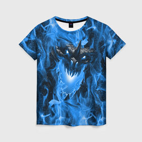 Женская футболка 3D с принтом Дракон в синем пламени Dragon in blue flame в Кировске, 100% полиэфир ( синтетическое хлопкоподобное полотно) | прямой крой, круглый вырез горловины, длина до линии бедер | dragon | дракон | миф | монстр | огонь | пламя | фэнтези