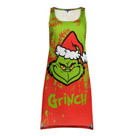 Платье-майка 3D с принтом Grinch Merry Christmas. в Кировске, 100% полиэстер | полуприлегающий силуэт, широкие бретели, круглый вырез горловины, удлиненный подол сзади. | 2022 | grinch | happy new year | merry christmas | год тигра | гринч | зима близко | нг | новогодний | новый год | новый год 2022 | рождество | снег | снежинки