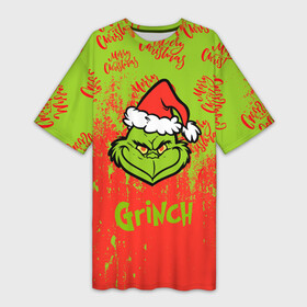 Платье-футболка 3D с принтом Grinch Merry Christmas. в Кировске,  |  | Тематика изображения на принте: 2022 | grinch | happy new year | merry christmas | год тигра | гринч | зима близко | нг | новогодний | новый год | новый год 2022 | рождество | снег | снежинки