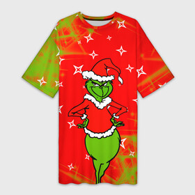 Платье-футболка 3D с принтом Новогодний Grinch на танцполе. в Кировске,  |  | Тематика изображения на принте: 2022 | grinch | happy new year | merry christmas | год тигра | гринч | зима близко | нг | новогодний | новый год | новый год 2022 | рождество | снег | снежинки