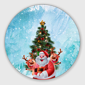 Круглый коврик для мышки с принтом Санта и олени в Кировске, резина и полиэстер | круглая форма, изображение наносится на всю лицевую часть | new year | арт | графика | дед мороз | елка | зима | новый год | олени | рождество | санта