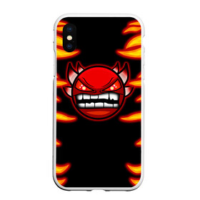 Чехол для iPhone XS Max матовый с принтом Geometry Dash Smiley demon в Кировске, Силикон | Область печати: задняя сторона чехла, без боковых панелей | Тематика изображения на принте: angry | crazy | demon | devil | evil | fire | geometry dash | icons | robtop | smile | геомерия даш | геометри деш | геометри дэш | геометрия дэш | демон | злой смайл | игра геометрия дэш | иконки | огненный | огонь | пламя | платформер