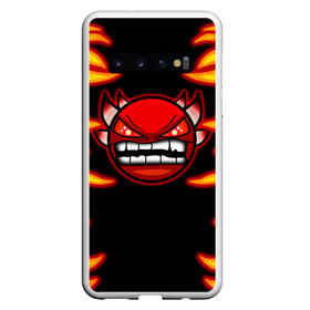 Чехол для Samsung Galaxy S10 с принтом Geometry Dash Smiley demon в Кировске, Силикон | Область печати: задняя сторона чехла, без боковых панелей | angry | crazy | demon | devil | evil | fire | geometry dash | icons | robtop | smile | геомерия даш | геометри деш | геометри дэш | геометрия дэш | демон | злой смайл | игра геометрия дэш | иконки | огненный | огонь | пламя | платформер