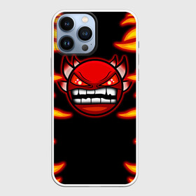 Чехол для iPhone 13 Pro Max с принтом Geometry Dash Smiley demon в Кировске,  |  | Тематика изображения на принте: angry | crazy | demon | devil | evil | fire | geometry dash | icons | robtop | smile | геомерия даш | геометри деш | геометри дэш | геометрия дэш | демон | злой смайл | игра геометрия дэш | иконки | огненный | огонь | пламя | платформер