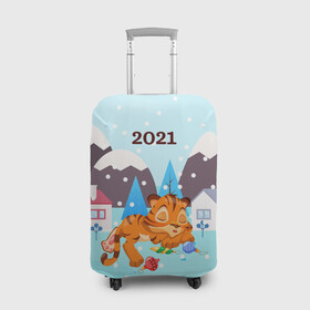 Чехол для чемодана 3D с принтом Спящий тигренок в ожидании нового года в Кировске, 86% полиэфир, 14% спандекс | двустороннее нанесение принта, прорези для ручек и колес | 2022 | год тигра | новый год | новый год 2022 | символ года | тигр | тигренок | тигрица | тигры