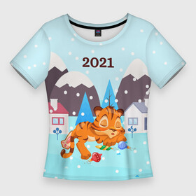 Женская футболка 3D Slim с принтом Спящий тигренок в ожидании нового года в Кировске,  |  | 2022 | год тигра | новый год | новый год 2022 | символ года | тигр | тигренок | тигрица | тигры