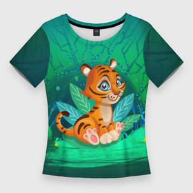 Женская футболка 3D Slim с принтом Тигр в большой кувшинке в Кировске,  |  | 2022 | год тигра | новый год | новый год 2022 | символ года | тигр | тигренок | тигрица | тигры