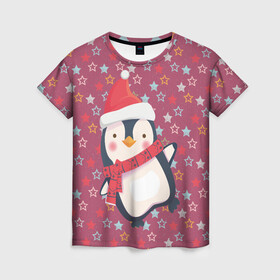 Женская футболка 3D с принтом Пингвин в звездах в Кировске, 100% полиэфир ( синтетическое хлопкоподобное полотно) | прямой крой, круглый вырез горловины, длина до линии бедер | звезды | новый год | паттерн | пингвин | праздник