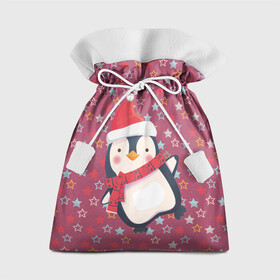 Подарочный 3D мешок с принтом Пингвин в звездах в Кировске, 100% полиэстер | Размер: 29*39 см | Тематика изображения на принте: звезды | новый год | паттерн | пингвин | праздник