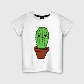 Детская футболка хлопок с принтом Кактус в горшке в Кировске, 100% хлопок | круглый вырез горловины, полуприлегающий силуэт, длина до линии бедер | кактус | милый | мультяшный | простой | растение | с глазами | с лицом | улыбающийся | яркий