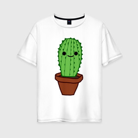 Женская футболка хлопок Oversize с принтом Кактус в горшке в Кировске, 100% хлопок | свободный крой, круглый ворот, спущенный рукав, длина до линии бедер
 | кактус | милый | мультяшный | простой | растение | с глазами | с лицом | улыбающийся | яркий