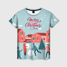 Женская футболка 3D с принтом Merry Christmas Cчастливого Рождества в Кировске, 100% полиэфир ( синтетическое хлопкоподобное полотно) | прямой крой, круглый вырез горловины, длина до линии бедер | 2022 | christmas | cчастливого | merry | год | елка | новый | праздник | рождества | снег | снеговик