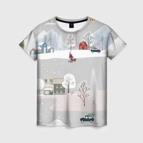 Женская футболка 3D с принтом Нoвoгодние Праздники продолжаются 2022 в Кировске, 100% полиэфир ( синтетическое хлопкоподобное полотно) | прямой крой, круглый вырез горловины, длина до линии бедер | 2022 | год | дома | елки | зима | каникулы | новый | праздник | радость | рождество | санки | снег | снеговик | снежки