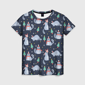 Женская футболка 3D с принтом Eноты в Кировске, 100% полиэфир ( синтетическое хлопкоподобное полотно) | прямой крой, круглый вырез горловины, длина до линии бедер | год | еноты | новый | пожарки | праздники | рождество | снег | узор