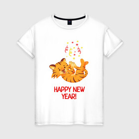 Женская футболка хлопок с принтом Happy New Year Тигренок 2022 в Кировске, 100% хлопок | прямой крой, круглый вырез горловины, длина до линии бедер, слегка спущенное плечо | 2022 | год тигра | новый год | новый год 2022 | символ года | тигр | тигренок | тигрица | тигры