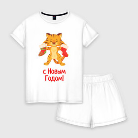Женская пижама с шортиками хлопок с принтом Тигр в новогодними носками в Кировске, 100% хлопок | футболка прямого кроя, шорты свободные с широкой мягкой резинкой | 2022 | год тигра | новый год | новый год 2022 | символ года | тигр | тигренок | тигрица | тигры