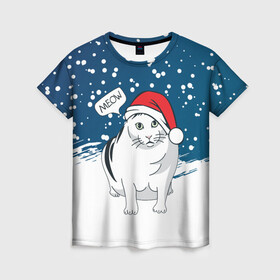 Женская футболка 3D с принтом НОВОГОДНИЙ КОТ БЕНДЕР (МЕМ) в Кировске, 100% полиэфир ( синтетическое хлопкоподобное полотно) | прямой крой, круглый вырез горловины, длина до линии бедер | 2022 | 22 | bender | cat | christmas | meme | memes | meow | merry | new | snow | winter | year | бендер | год | зима | кот | кошка | мем | мемы | мяй | новый | рождество | снег | толстый