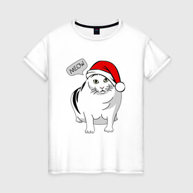 Женская футболка хлопок с принтом НОВОГОДНИЙ КОТ БЕНДЕР МЕМ в Кировске, 100% хлопок | прямой крой, круглый вырез горловины, длина до линии бедер, слегка спущенное плечо | 2022 | 22 | bender | cat | christmas | meme | memes | meow | merry | new | snow | winter | year | бендер | год | зима | кот | кошка | мем | мемы | мяй | новый | рождество | снег | толстый