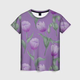 Женская футболка 3D с принтом Фиолетовые тюльпаны с зелеными листьями в Кировске, 100% полиэфир ( синтетическое хлопкоподобное полотно) | прямой крой, круглый вырез горловины, длина до линии бедер | 8 марта | flowers | leaves | nature | tulips | ботаническая иллюстрация | день рождения | зеленый | листья | природа | растения | тюльпаны | фиолетовый | цветы