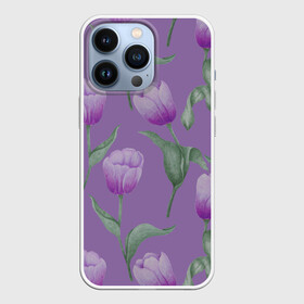 Чехол для iPhone 13 Pro с принтом Фиолетовые тюльпаны с зелеными листьями в Кировске,  |  | 8 марта | flowers | leaves | nature | tulips | ботаническая иллюстрация | день рождения | зеленый | листья | природа | растения | тюльпаны | фиолетовый | цветы