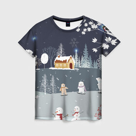 Женская футболка 3D с принтом Снеговики и Мишки 2022 в Кировске, 100% полиэфир ( синтетическое хлопкоподобное полотно) | прямой крой, круглый вырез горловины, длина до линии бедер | 2022 | год | дед | дети | зима | коньки | мишки | мороз | новый | праздники | радость | рождество | санки | санта | снег | снеговик | счастливого