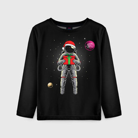 Детский лонгслив 3D с принтом Астронавт с подарком Astronaut and Gift в Кировске, 100% полиэстер | длинные рукава, круглый вырез горловины, полуприлегающий силуэт
 | space | астронавт | дед мороз | звезда | космонавт | космос | новый год | планета | подарок | рождество | санта
