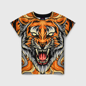 Детская футболка 3D с принтом Символ года тигр в гневе в Кировске, 100% гипоаллергенный полиэфир | прямой крой, круглый вырез горловины, длина до линии бедер, чуть спущенное плечо, ткань немного тянется | 2022 | большая кошка | животное | новый год | символ года | тигр | хищник