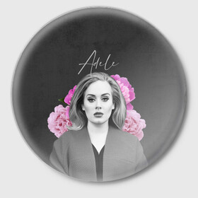 Значок с принтом Flowers Adele в Кировске,  металл | круглая форма, металлическая застежка в виде булавки | имя | надпись | певица | текстура | цветы