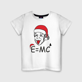 Детская футболка хлопок с принтом Новогодний Эйнштейн в Кировске, 100% хлопок | круглый вырез горловины, полуприлегающий силуэт, длина до линии бедер | альберт эйнштейн | елка | ель | новогодний колпак | новогодний эйнштейн | новый год | прикол | рождество | формула | формула относительности | язык
