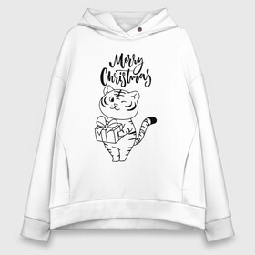 Женское худи Oversize хлопок с принтом Merry Christmas Тигр с подарком. в Кировске, френч-терри — 70% хлопок, 30% полиэстер. Мягкий теплый начес внутри —100% хлопок | боковые карманы, эластичные манжеты и нижняя кромка, капюшон на магнитной кнопке | 2022 | happy new year | merry christmas | год тигра | зима близко | нг | новогодний | новогодний тигр | новый год | новый год 2022 | праздник | рождество | символ 2022 года | тигр