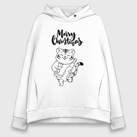 Женское худи Oversize хлопок с принтом Merry Christmas Тигр с Шампанским. в Кировске, френч-терри — 70% хлопок, 30% полиэстер. Мягкий теплый начес внутри —100% хлопок | боковые карманы, эластичные манжеты и нижняя кромка, капюшон на магнитной кнопке | 2022 | happy new year | merry christmas | год тигра | зима близко | нг | новогодний | новогодний тигр | новый год | новый год 2022 | праздник | рождество | символ 2022 года | тигр