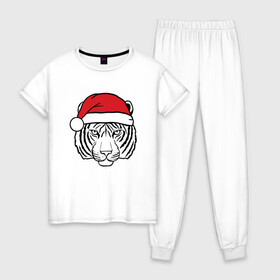 Женская пижама хлопок с принтом Тигр в новогодней шапке. в Кировске, 100% хлопок | брюки и футболка прямого кроя, без карманов, на брюках мягкая резинка на поясе и по низу штанин | 2022 | happy new year | merry christmas | год тигра | зима близко | нг | новогодний | новогодний тигр | новый год | новый год 2022 | праздник | рождество | символ 2022 года | тигр