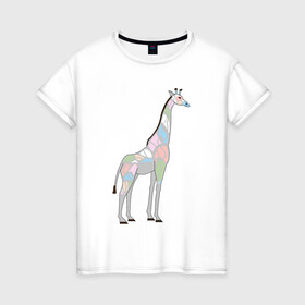 Женская футболка хлопок с принтом Волшебный жираф в Кировске, 100% хлопок | прямой крой, круглый вырез горловины, длина до линии бедер, слегка спущенное плечо | автралия | африка | волшебство | животное | жираф | зверь | мило | милота | мозаика | редкое животное | сказка | цвета | чудо | экзотика
