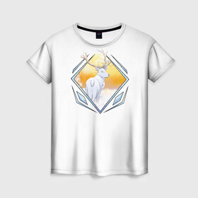 Женская футболка 3D с принтом Белый олень в лесу в Кировске, 100% полиэфир ( синтетическое хлопкоподобное полотно) | прямой крой, круглый вырез горловины, длина до линии бедер | зима | зимний лес | иллюстрация | лес | олень