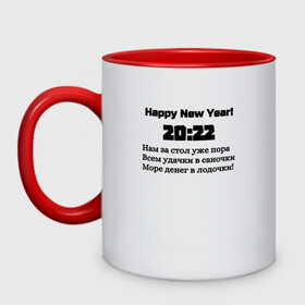 Кружка двухцветная с принтом Поздравление-20:22 в Кировске, керамика | объем — 330 мл, диаметр — 80 мм. Цветная ручка и кайма сверху, в некоторых цветах — вся внутренняя часть | 2022 | happy new year | новый год | поздравление | слова | счастье | текст