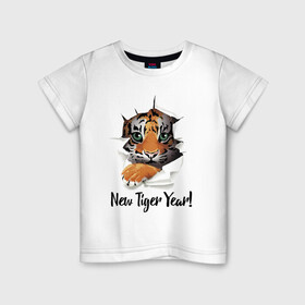 Детская футболка хлопок с принтом New Tiger Year в Кировске, 100% хлопок | круглый вырез горловины, полуприлегающий силуэт, длина до линии бедер | eyes | holiday | muzzle | new year | paws | tiger | глаза | лапы | мордочка | новый год | праздник | тигрёнок