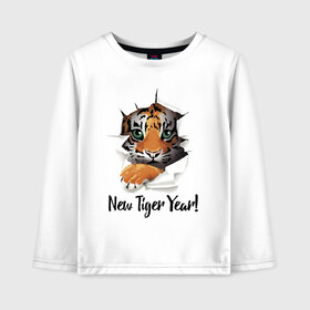 Детский лонгслив хлопок с принтом New Tiger Year в Кировске, 100% хлопок | круглый вырез горловины, полуприлегающий силуэт, длина до линии бедер | eyes | holiday | muzzle | new year | paws | tiger | глаза | лапы | мордочка | новый год | праздник | тигрёнок