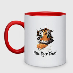 Кружка двухцветная с принтом New Tiger Year! в Кировске, керамика | объем — 330 мл, диаметр — 80 мм. Цветная ручка и кайма сверху, в некоторых цветах — вся внутренняя часть | Тематика изображения на принте: eyes | holiday | muzzle | new year | paws | tiger | глаза | лапы | мордочка | новый год | праздник | тигрёнок