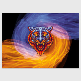 Поздравительная открытка с принтом Тигр в водно-огненной стихии в Кировске, 100% бумага | плотность бумаги 280 г/м2, матовая, на обратной стороне линовка и место для марки
 | вода | огонь | символ года | стихия | тигр | хищник