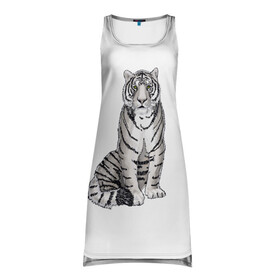 Платье-майка 3D с принтом Сидящая белая тигрица в Кировске, 100% полиэстер | полуприлегающий силуэт, широкие бретели, круглый вырез горловины, удлиненный подол сзади. | tiger | tigress | white tiger | белый тигр | символ 2022 | тигр сидит | тигрца