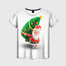 Женская футболка 3D с принтом Дед мороз с елкой в Кировске, 100% полиэфир ( синтетическое хлопкоподобное полотно) | прямой крой, круглый вырез горловины, длина до линии бедер | веселый дед мороз | дед мороз | елка | новый год | санта клаус