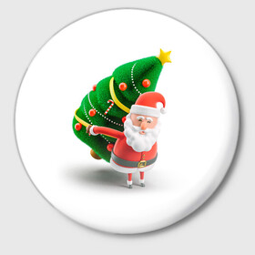 Значок с принтом Дед мороз с елкой в Кировске,  металл | круглая форма, металлическая застежка в виде булавки | Тематика изображения на принте: веселый дед мороз | дед мороз | елка | новый год | санта клаус