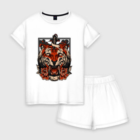 Женская пижама с шортиками хлопок с принтом Японский дерзкий тигр в Кировске, 100% хлопок | футболка прямого кроя, шорты свободные с широкой мягкой резинкой | 2022 год | tigr | toger | год тигра | новый год 2022 | новый год тигра | тигр | тигра | тигрёнок