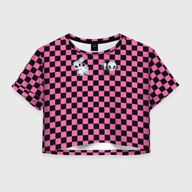 Женская футболка Crop-top 3D с принтом Инопланетянин в черно розовую клетку в Кировске, 100% полиэстер | круглая горловина, длина футболки до линии талии, рукава с отворотами | егор | егор шип | инопланетянин | клетка | любимый трек | розовый | черно розовая | черный | шип